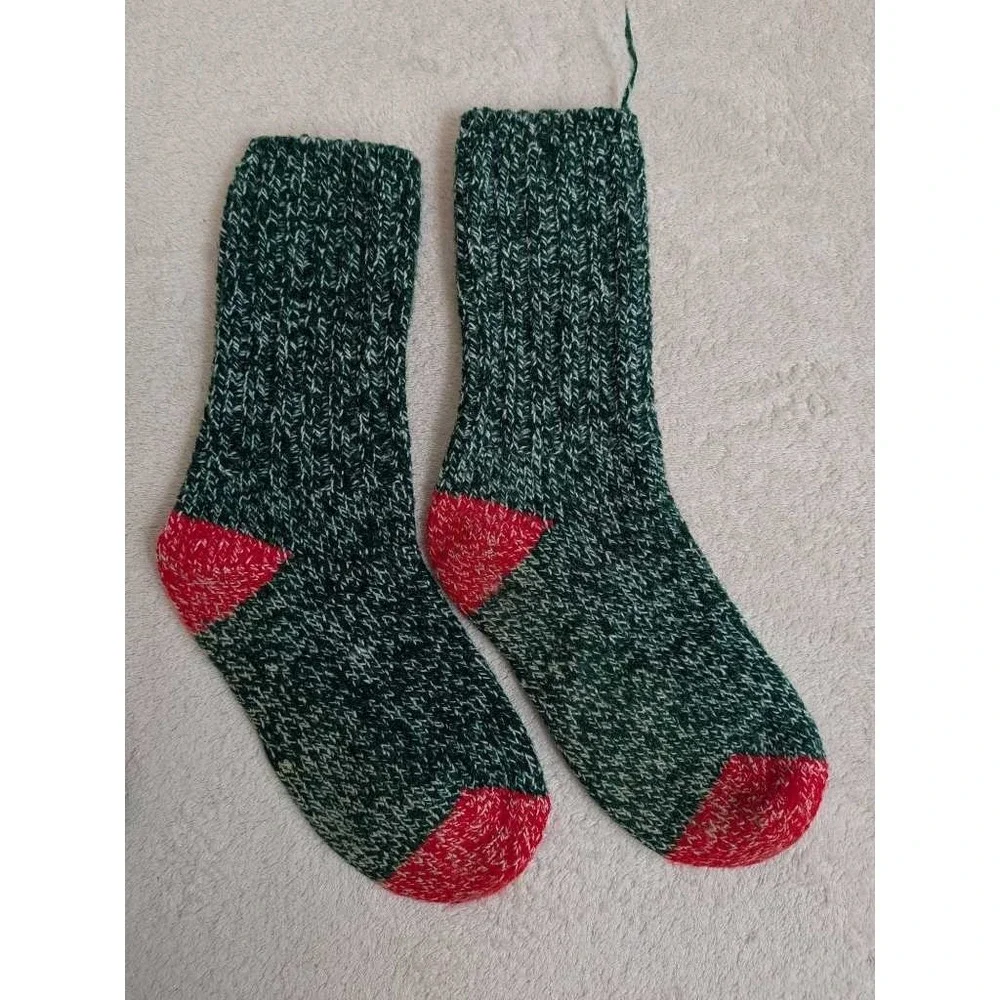 Cozy Knit Crew Socks Red Green Fair Isle Pattern Cozy Winter Warm Hand Knit Sock